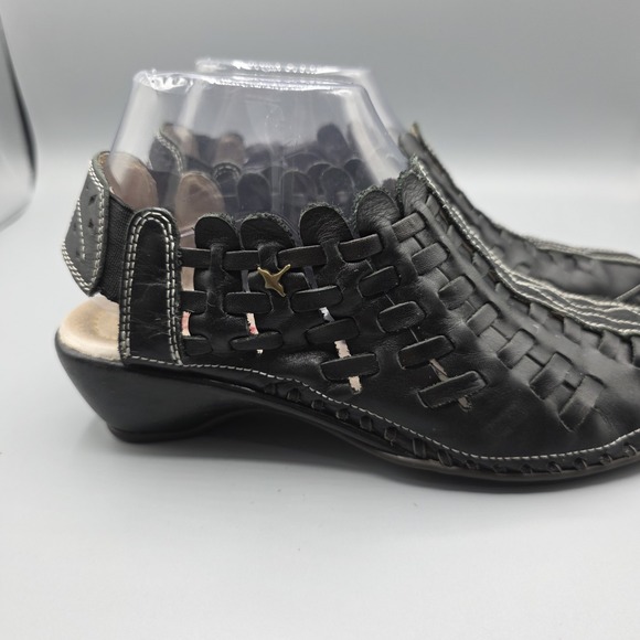 Pikolinos Romana Shoes Womens 38 Black Leather Slingback Sandal Wedge Heel Woven - Picture 5 of 14